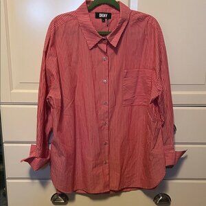 DKNY Women’s XXL Red Pinstripe Button Down Shirt